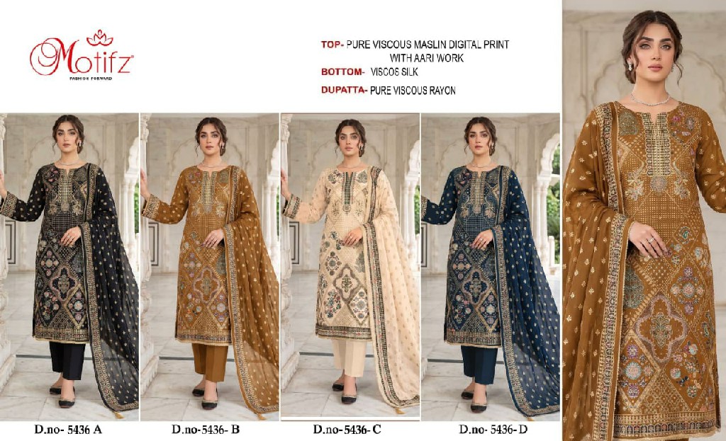 MOTIFZ D.NO 5436 WHOLESALE PURE VISCOSE MUSLIN GORGEOUS LOOK UNSTITCH SALWAR SUITS SUPPLIER
