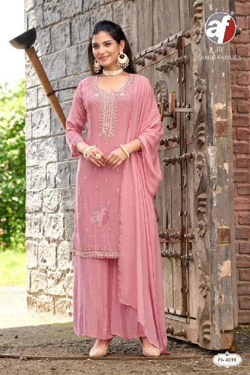 ANJU FAB D.NO FI 4019-4020 WHOLESALE READYMADE PURE CHINON FESTIVE WEAR 3 PCS COMBO SET SUITS EXPORTER