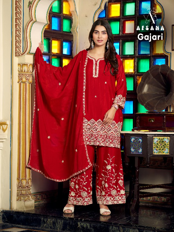 AFSANA GAJARI WHOLESALE READYMADE PREMIUM CHINON WITH WORK BEAUTIFUL 3 PCS COMBO SET SUITS EXPORTER