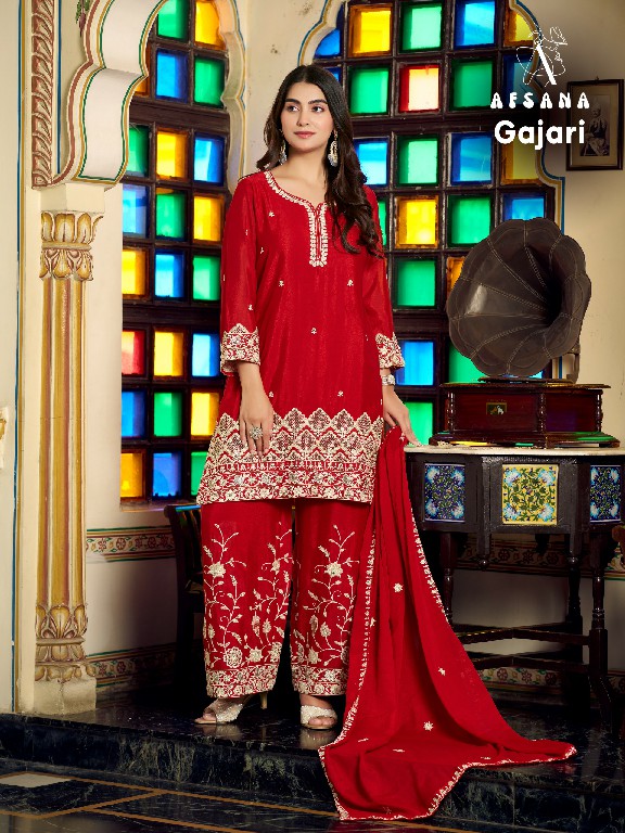 AFSANA GAJARI WHOLESALE READYMADE PREMIUM CHINON WITH WORK BEAUTIFUL 3 PCS COMBO SET SUITS EXPORTER