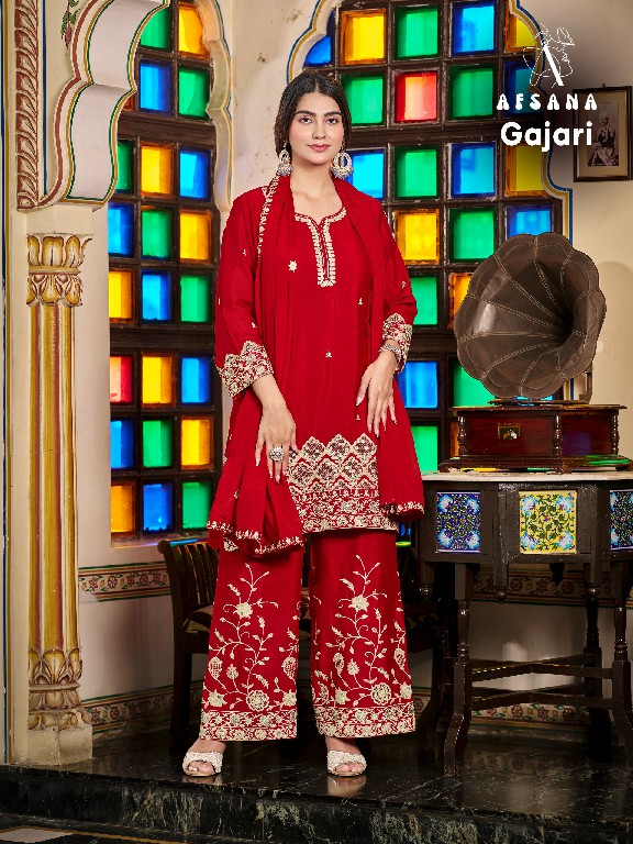 AFSANA GAJARI WHOLESALE READYMADE PREMIUM CHINON WITH WORK BEAUTIFUL 3 PCS COMBO SET SUITS EXPORTER