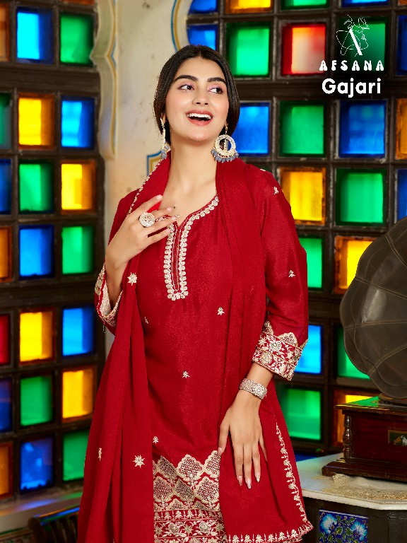 AFSANA GAJARI WHOLESALE READYMADE PREMIUM CHINON WITH WORK BEAUTIFUL 3 PCS COMBO SET SUITS EXPORTER