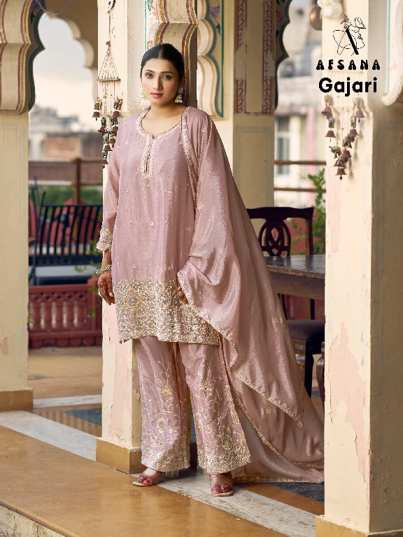 AFSANA GAJARI WHOLESALE READYMADE PREMIUM CHINON WITH WORK BEAUTIFUL 3 PCS COMBO SET SUITS EXPORTER