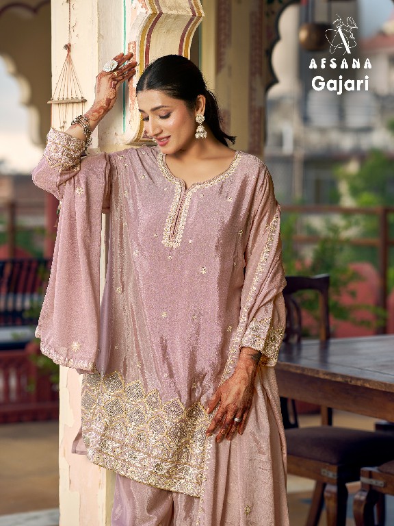 AFSANA GAJARI WHOLESALE READYMADE PREMIUM CHINON WITH WORK BEAUTIFUL 3 PCS COMBO SET SUITS EXPORTER
