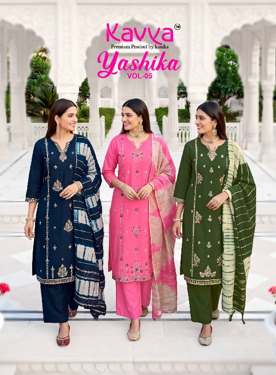 KAVYA YASHIKA VOL 5 WHOLESALE HEAVY VATICAN BEST DESIGN FULL STITCHED 3 PCS SUITS EXPORTER