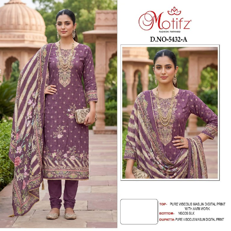 MOTIFZ D.NO 5432 WHOLESALE VISCOSE MUSLIN PRETTY LOOK UNSTITCH SALWAR SUITS SUPPLIER