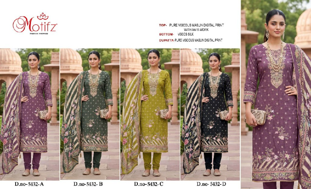 MOTIFZ D.NO 5432 WHOLESALE VISCOSE MUSLIN PRETTY LOOK UNSTITCH SALWAR SUITS SUPPLIER