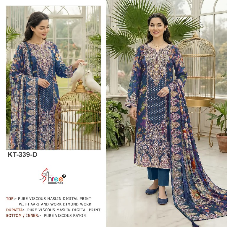 SHREE FABS D.NO KT-339D TO 339F WHOLESALE VISCOSE MUSLIN AMAZING UNSTITCH SALWAR SUITS EXPORTER
