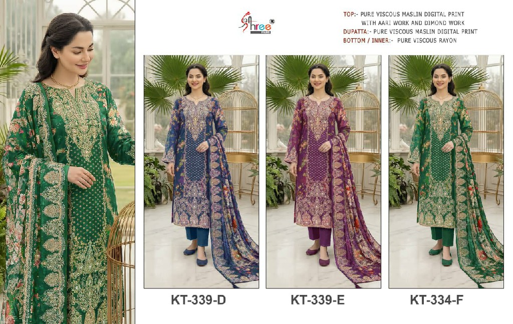 SHREE FABS D.NO KT-339D TO 339F WHOLESALE VISCOSE MUSLIN AMAZING UNSTITCH SALWAR SUITS EXPORTER
