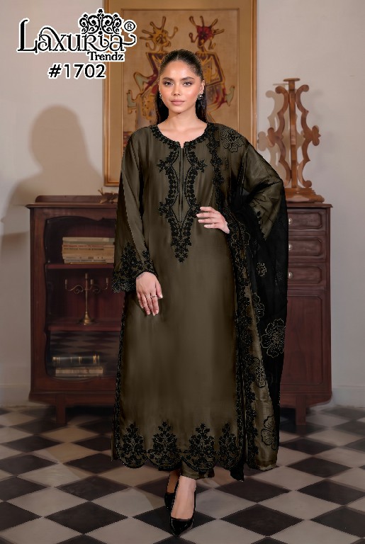 LAXURIA TRENDZ D.NO 1702 WHOLESALE READYMADE SATIN DESIGNER WEAR 3 PCS SUITS SUPPLIER