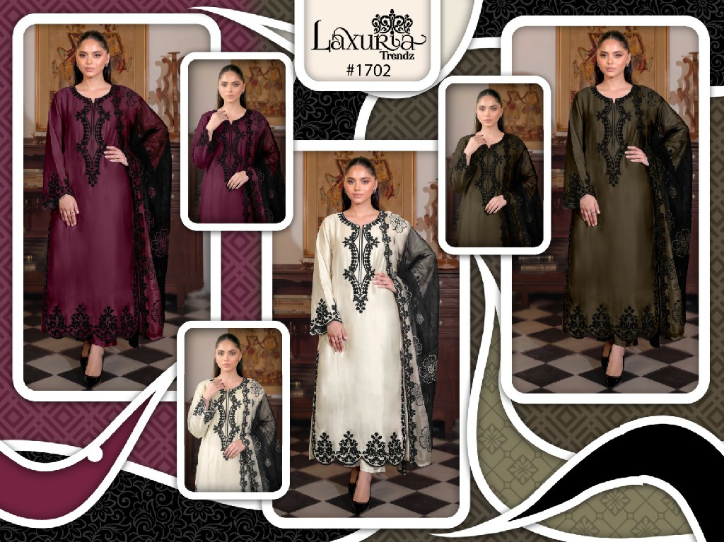 LAXURIA TRENDZ D.NO 1702 WHOLESALE READYMADE SATIN DESIGNER WEAR 3 PCS SUITS SUPPLIER