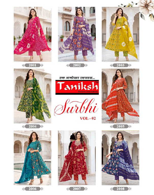 TANIKSH SURBHI VOL 2 WHOLESALE READYMADE RAYON WITH WORK BEST DESIGN 3 PCS SUITS EXPORTER