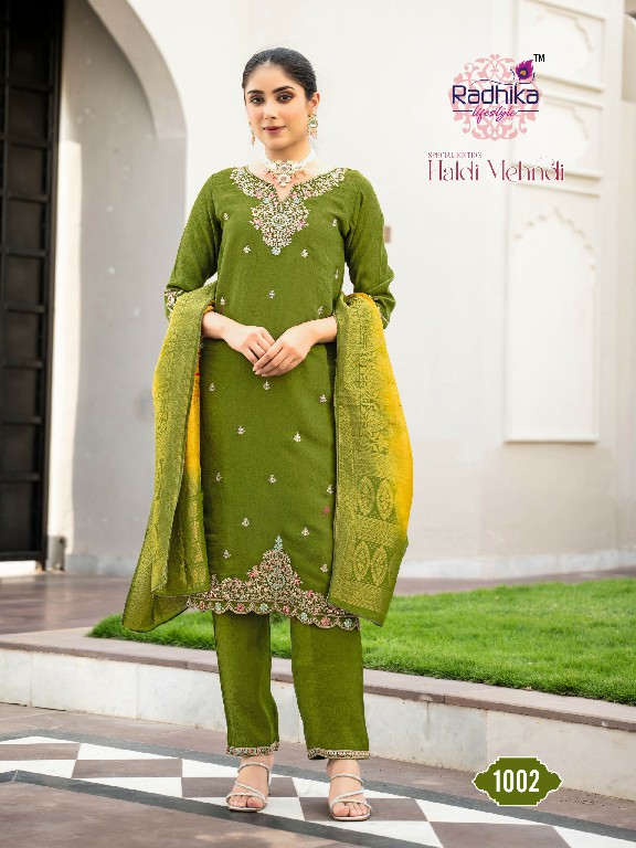 RADHIKA LIFESTYLE HALDI MEHNDI VOL 1 WHOLESALE READYMADE MERONIKA CHIFFON BIG SIZE FUNCTION WEAR 3 PCS SUITS SUPPLIER