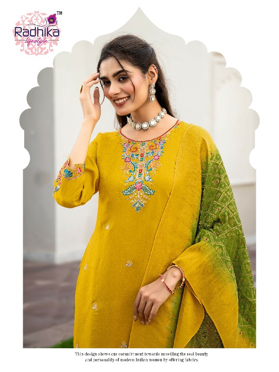 RADHIKA LIFESTYLE HALDI MEHNDI VOL 1 WHOLESALE READYMADE MERONIKA CHIFFON BIG SIZE FUNCTION WEAR 3 PCS SUITS SUPPLIER