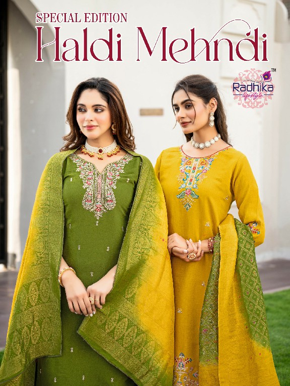 RADHIKA LIFESTYLE HALDI MEHNDI VOL 1 WHOLESALE READYMADE MERONIKA CHIFFON BIG SIZE FUNCTION WEAR 3 PCS SUITS SUPPLIER