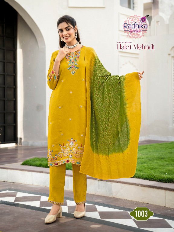 RADHIKA LIFESTYLE HALDI MEHNDI VOL 1 WHOLESALE READYMADE MERONIKA CHIFFON BIG SIZE FUNCTION WEAR 3 PCS SUITS SUPPLIER