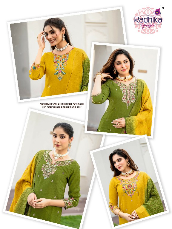 RADHIKA LIFESTYLE HALDI MEHNDI VOL 1 WHOLESALE READYMADE MERONIKA CHIFFON BIG SIZE FUNCTION WEAR 3 PCS SUITS SUPPLIER