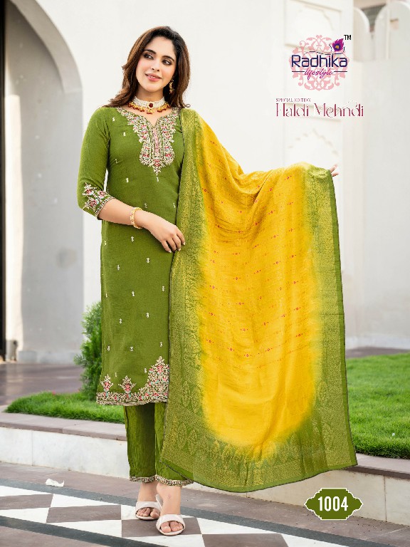 RADHIKA LIFESTYLE HALDI MEHNDI VOL 1 WHOLESALE READYMADE MERONIKA CHIFFON BIG SIZE FUNCTION WEAR 3 PCS SUITS SUPPLIER