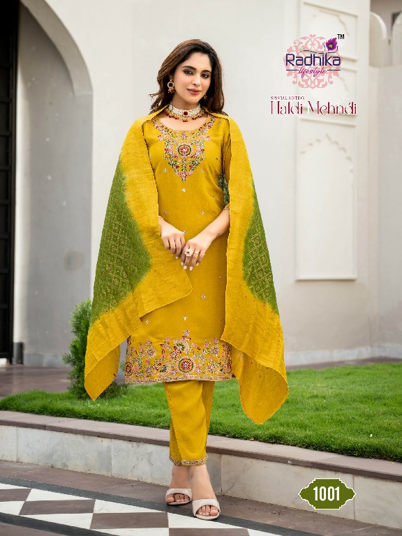RADHIKA LIFESTYLE HALDI MEHNDI VOL 1 WHOLESALE READYMADE MERONIKA CHIFFON BIG SIZE FUNCTION WEAR 3 PCS SUITS SUPPLIER