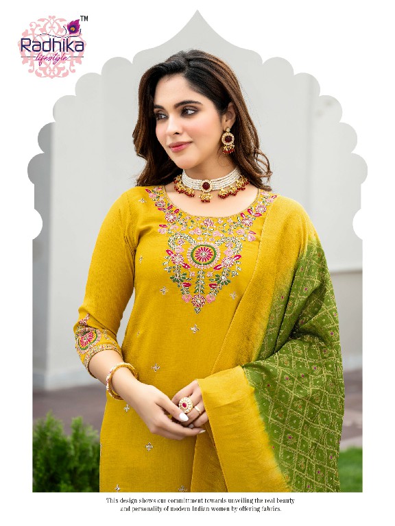 RADHIKA LIFESTYLE HALDI MEHNDI VOL 1 WHOLESALE READYMADE MERONIKA CHIFFON BIG SIZE FUNCTION WEAR 3 PCS SUITS SUPPLIER