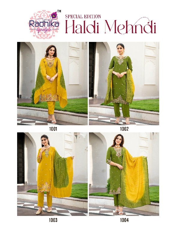 RADHIKA LIFESTYLE HALDI MEHNDI VOL 1 WHOLESALE READYMADE MERONIKA CHIFFON BIG SIZE FUNCTION WEAR 3 PCS SUITS SUPPLIER