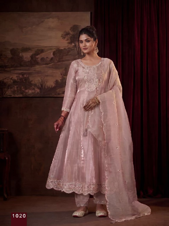 RANGOON D.NO 1019 TO 1022 WHOLESALE READYMADE TISSUE SHIMMER ANARKALI STYLE EXCLUSIVE 3 PCS COMBO SET SUITS EXPORTER