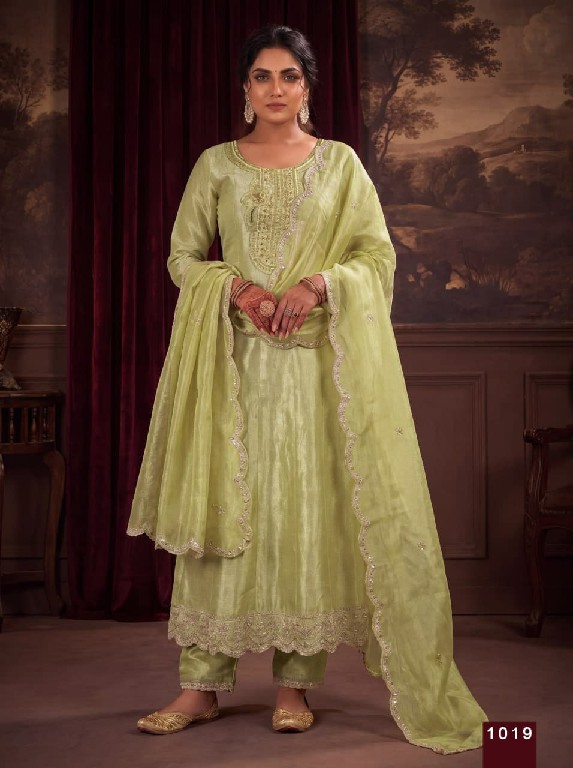 RANGOON D.NO 1019 TO 1022 WHOLESALE READYMADE TISSUE SHIMMER ANARKALI STYLE EXCLUSIVE 3 PCS COMBO SET SUITS EXPORTER