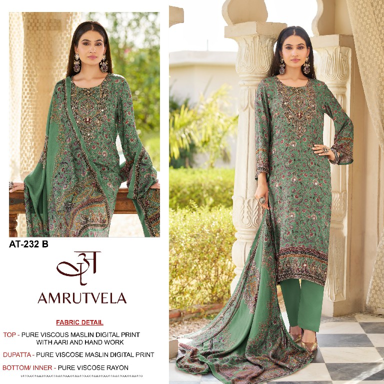 AMRUTVELA D.NO 232 WHOLESALE VISCOSE MUSLIN BEAUTIFUL DESIGN UNSTITCH SALWAR SUITS EXPORTER