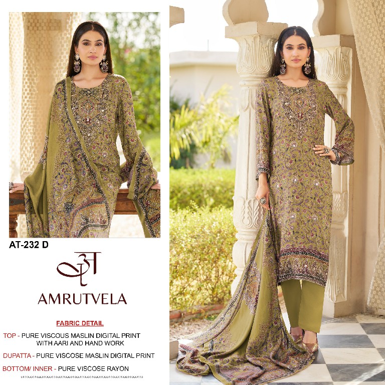 AMRUTVELA D.NO 232 WHOLESALE VISCOSE MUSLIN BEAUTIFUL DESIGN UNSTITCH SALWAR SUITS EXPORTER
