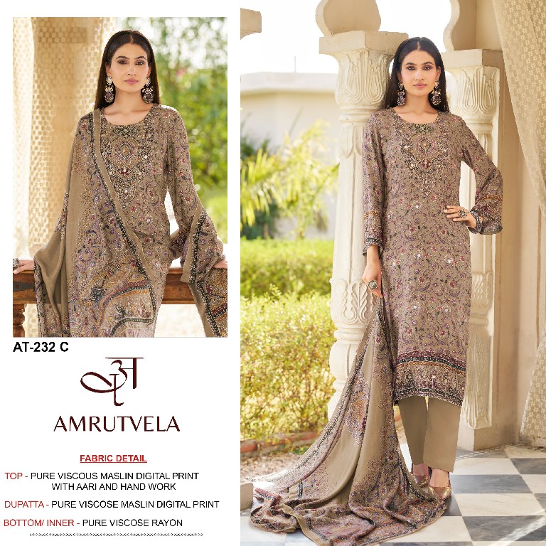 AMRUTVELA D.NO 232 WHOLESALE VISCOSE MUSLIN BEAUTIFUL DESIGN UNSTITCH SALWAR SUITS EXPORTER