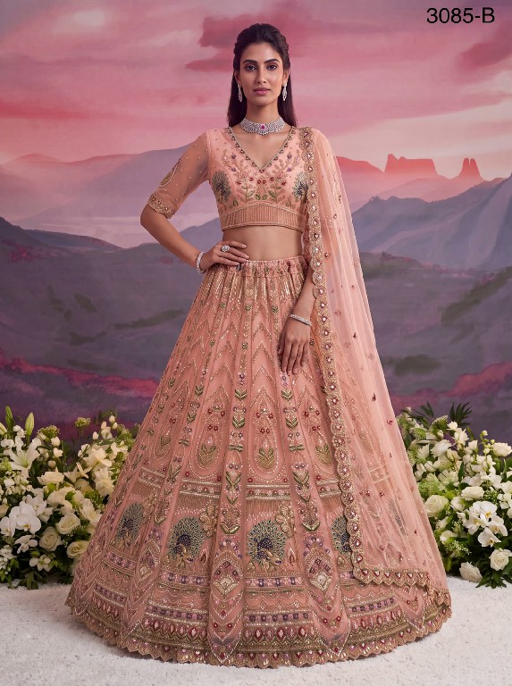 TEXTILEDEAL D.NO 3085 WHOLESALE PREMIUM NET PEACOCK PATTERN DESIGNER INDIAN WEDDING LEHENGA CHOLI FOR EXPORT