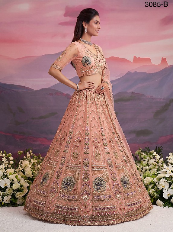 TEXTILEDEAL D.NO 3085 WHOLESALE PREMIUM NET PEACOCK PATTERN DESIGNER INDIAN WEDDING LEHENGA CHOLI FOR EXPORT
