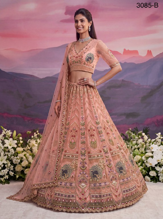 TEXTILEDEAL D.NO 3085 WHOLESALE PREMIUM NET PEACOCK PATTERN DESIGNER INDIAN WEDDING LEHENGA CHOLI FOR EXPORT