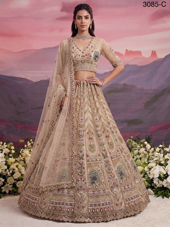TEXTILEDEAL D.NO 3085 WHOLESALE PREMIUM NET PEACOCK PATTERN DESIGNER INDIAN WEDDING LEHENGA CHOLI FOR EXPORT