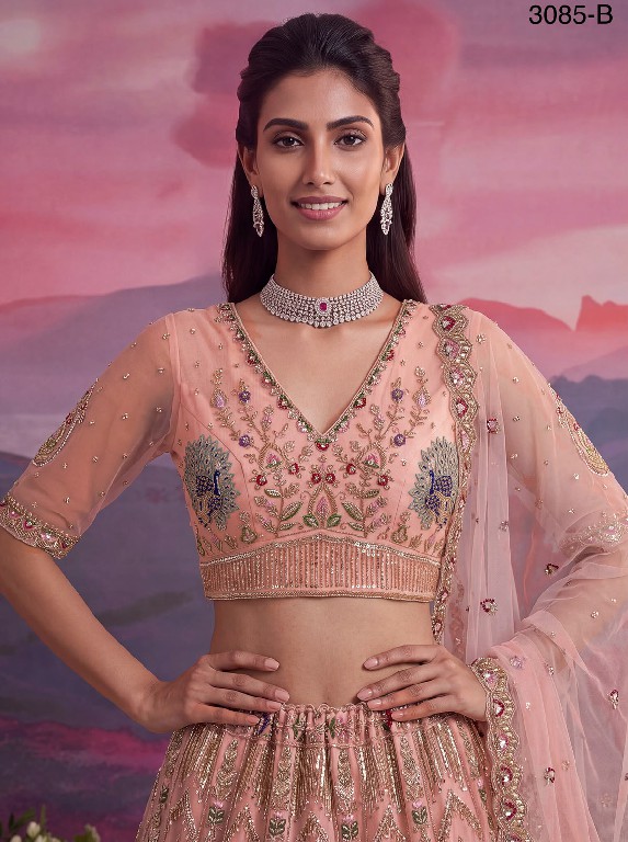 TEXTILEDEAL D.NO 3085 WHOLESALE PREMIUM NET PEACOCK PATTERN DESIGNER INDIAN WEDDING LEHENGA CHOLI FOR EXPORT