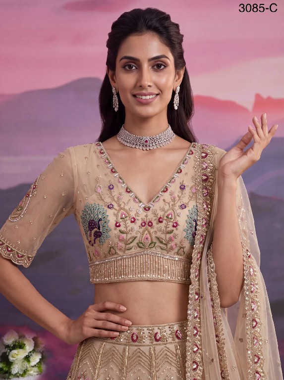 TEXTILEDEAL D.NO 3085 WHOLESALE PREMIUM NET PEACOCK PATTERN DESIGNER INDIAN WEDDING LEHENGA CHOLI FOR EXPORT