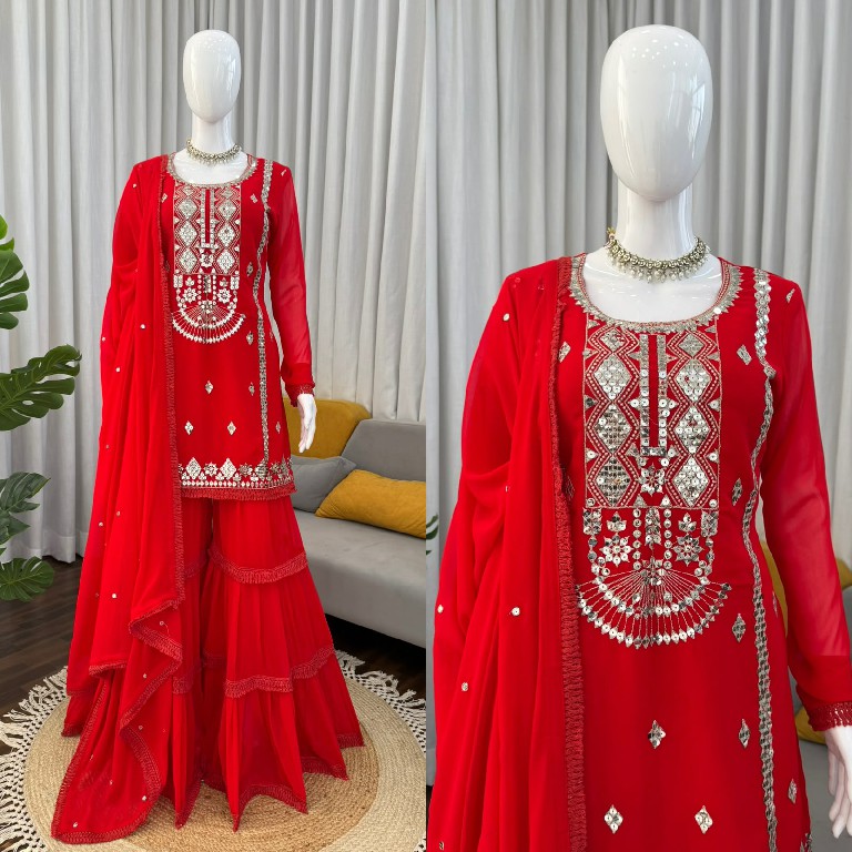 TEXTILEDEAL D.NO KD 1572 WHOLESALE READYMADE FAUX GEORGETTE PARTY WEAR TOP SHARARA WITH DUPATTA FOR EXPORT