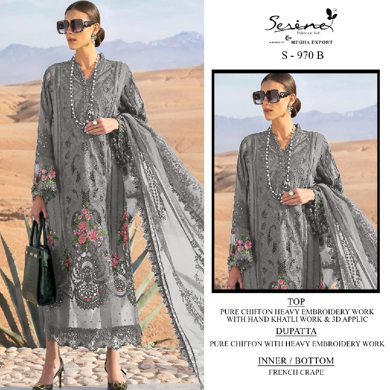 SERINE D.NO 970 WHOLESALE PURE CHIFFON PAKISTANI HIT DESIGN UNSTITCH SALWAR SUITS EXPORTER