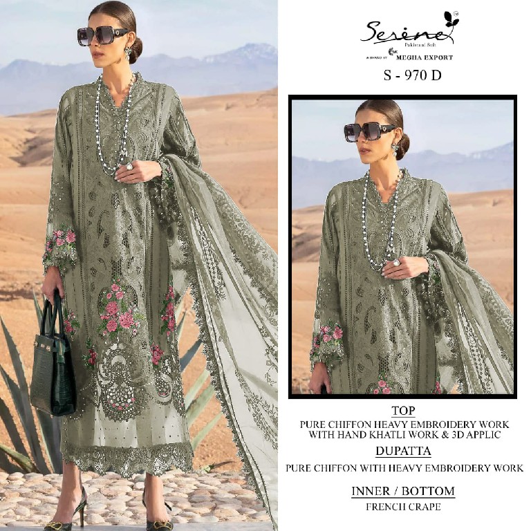 SERINE D.NO 970 WHOLESALE PURE CHIFFON PAKISTANI HIT DESIGN UNSTITCH SALWAR SUITS EXPORTER