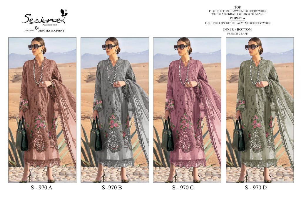 SERINE D.NO 970 WHOLESALE PURE CHIFFON PAKISTANI HIT DESIGN UNSTITCH SALWAR SUITS EXPORTER