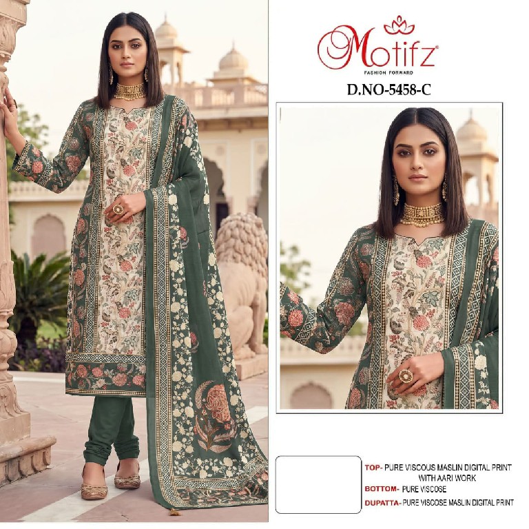 MOTIFZ D.NO 5458 WHOLESALE VISCOSE MUSLIN BEAUTIFUL UNSTITCH SALWAR SUITS SUPPLIER