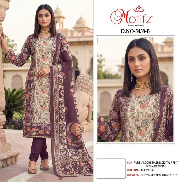 MOTIFZ D.NO 5458 WHOLESALE VISCOSE MUSLIN BEAUTIFUL UNSTITCH SALWAR SUITS SUPPLIER
