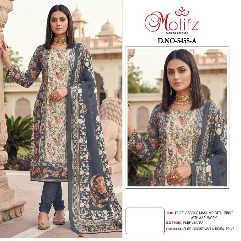 MOTIFZ D.NO 5458 WHOLESALE VISCOSE MUSLIN BEAUTIFUL UNSTITCH SALWAR SUITS SUPPLIER
