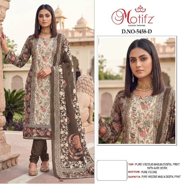 MOTIFZ D.NO 5458 WHOLESALE VISCOSE MUSLIN BEAUTIFUL UNSTITCH SALWAR SUITS SUPPLIER