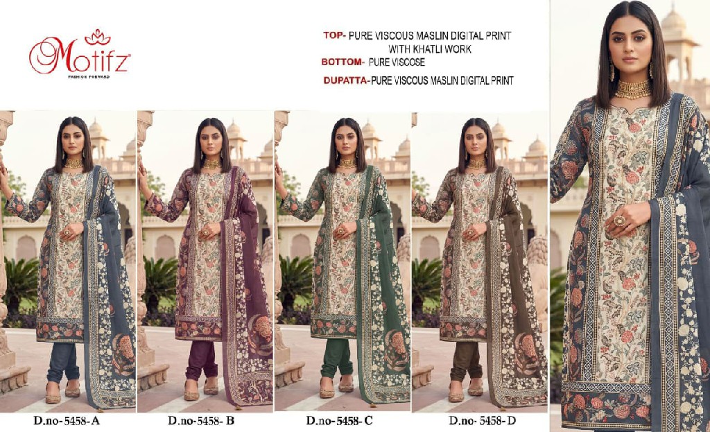 MOTIFZ D.NO 5458 WHOLESALE VISCOSE MUSLIN BEAUTIFUL UNSTITCH SALWAR SUITS SUPPLIER