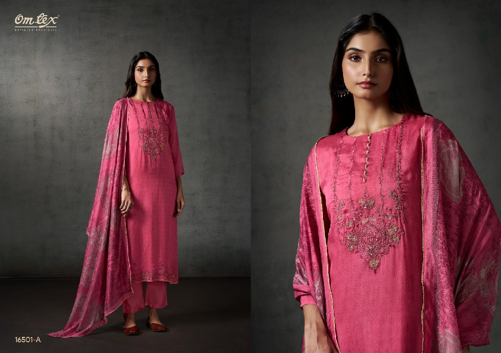 OMTEX BHAVIKA WHOLESALE DUTCH SILK EMBROIDERY UNSTITCH SALWAR SUITS FOR EXPORT