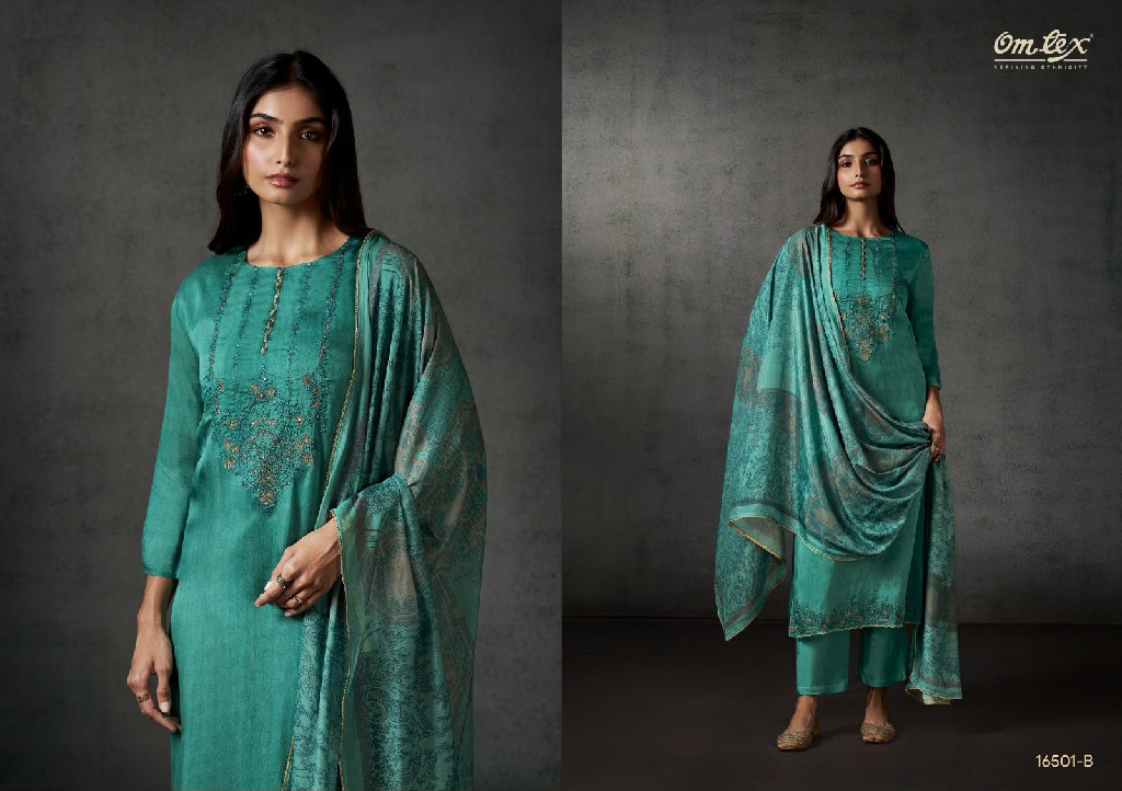 OMTEX BHAVIKA WHOLESALE DUTCH SILK EMBROIDERY UNSTITCH SALWAR SUITS FOR EXPORT