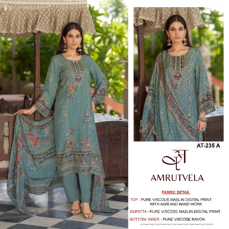 AMRUTVELA D.NO 235 WHOLESALE VISCOSE MUSLIN AMAZING UNSTITCH SALWAR SUITS EXPORTER
