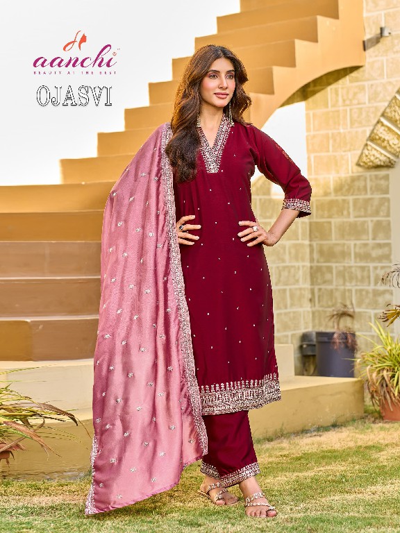 AANCHI OJASVI WHOLESALE READYMADE CRYSTAL SILK LATEST FASHION 3 PCS SUITS SUPPLIER