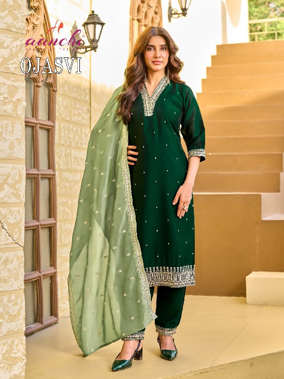 AANCHI OJASVI WHOLESALE READYMADE CRYSTAL SILK LATEST FASHION 3 PCS SUITS SUPPLIER